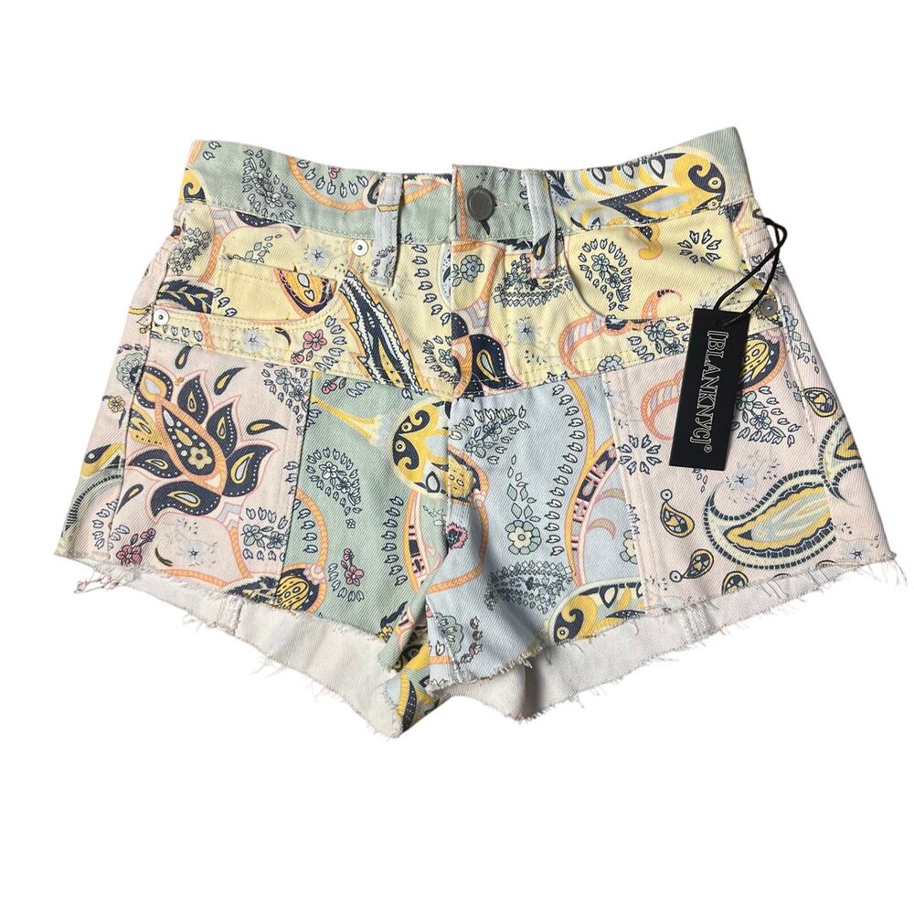 Blank NYC The Barrow Cream Green Paisley Patchwork Denim Shorts Size 25 NWT